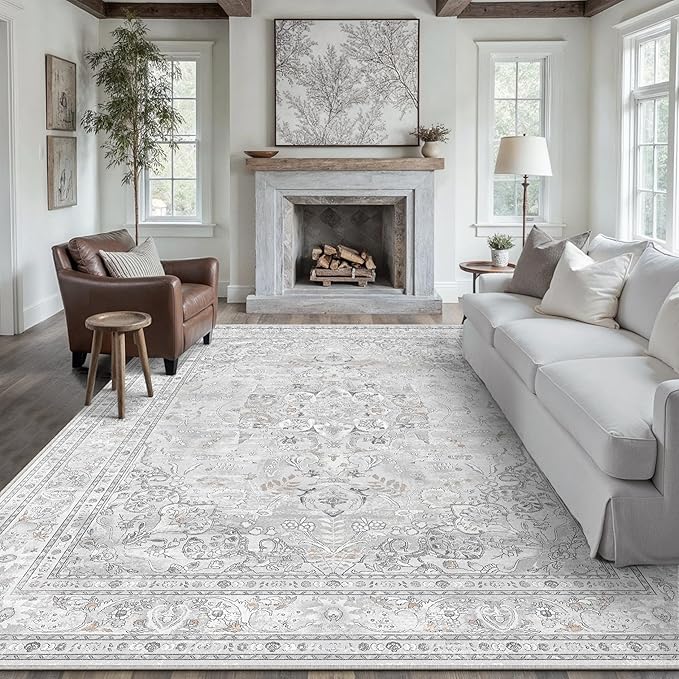 Grey 8x10 Area Rug Washable Vintage Carpet by PureCozy