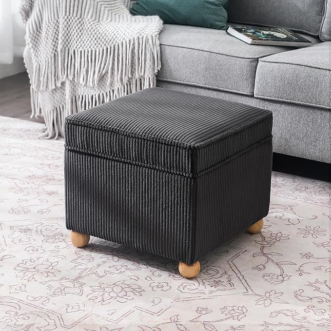 Adeco 17 Inch High Striped Flannel Black Cube Ottoman Storage, 3D Embossed by Adeco