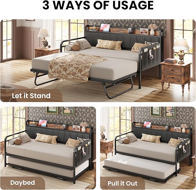 LIKIMIO Daybed with Trundle Bed, Twin XL Bed Frame with Storage Headboard and - Image 4