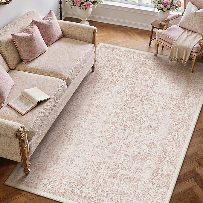 Pink Area Rug 4x6 Office Entryway Rug Machine Washable Kitchen Vintage by PureCozy