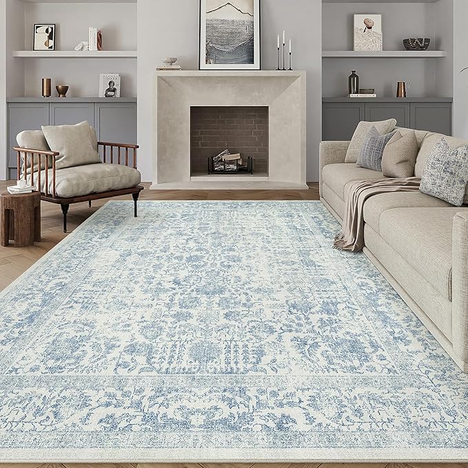 Blue Area Rug 10x14 Machine Washable Large Vintage Living Room Distressed Non by PureCozy