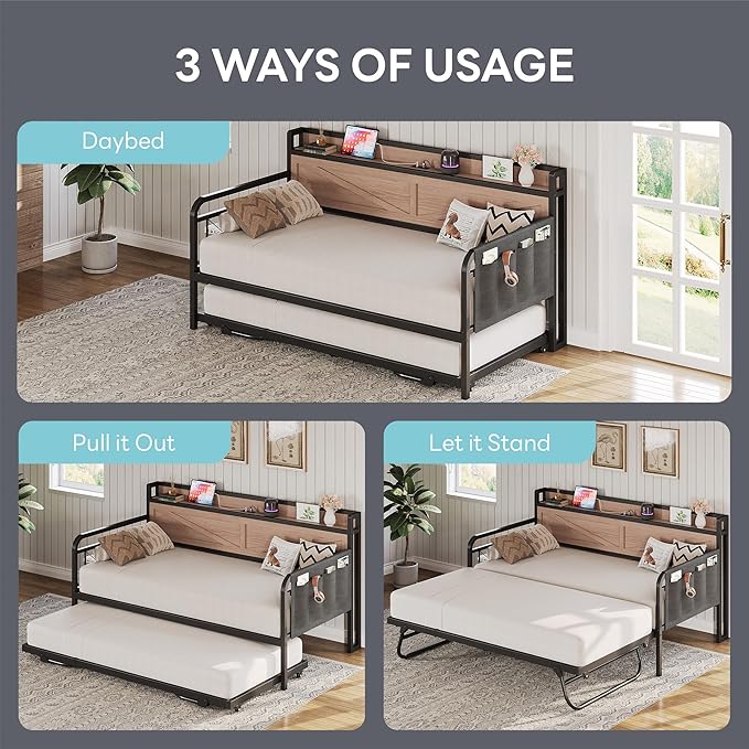LIKIMIO Twin Daybed with Trundle Bed, Storage Headboard with Charging Station - Image 4