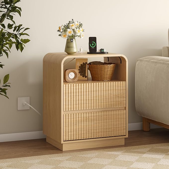 Dresser with 2 Drawers and Charging Station, Fluted Bedside Table with Round - Image 5