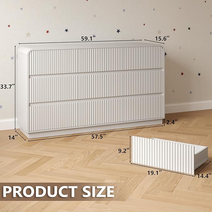 Dresser for Bedroom with 9 Drawers, Fluted Chest of Drawers with Round Curved - Image 2