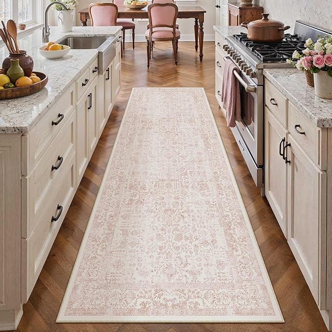 Pink Runner Rug 2x7 Hallway Machine Washable Kitchen Vintage Distressed Non - Image 5