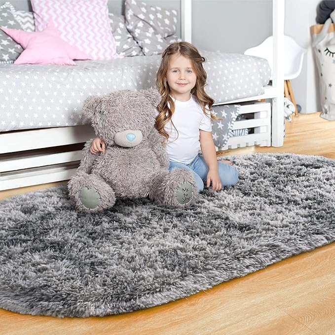 Noahas Oval Fluffy Grey Rainbow Rug 2.6X5.3 Small Kids Rugs - Image 2
