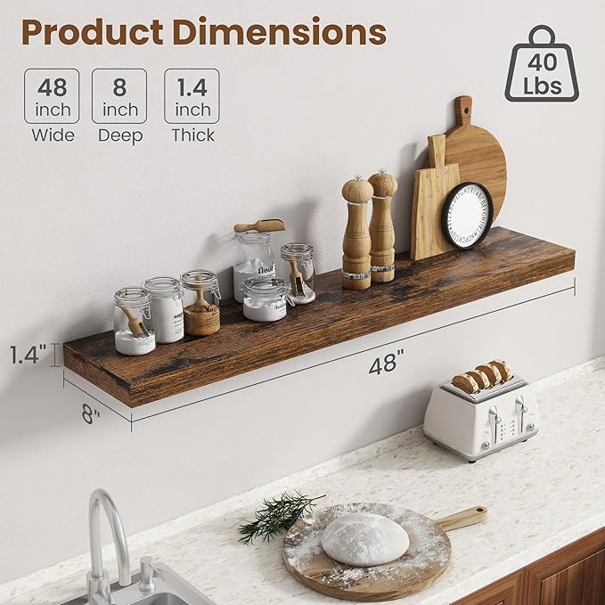 48 Inch Floating Shelves for Wall, 8 Inch Deep Floating Shelf for Storage & - Image 3