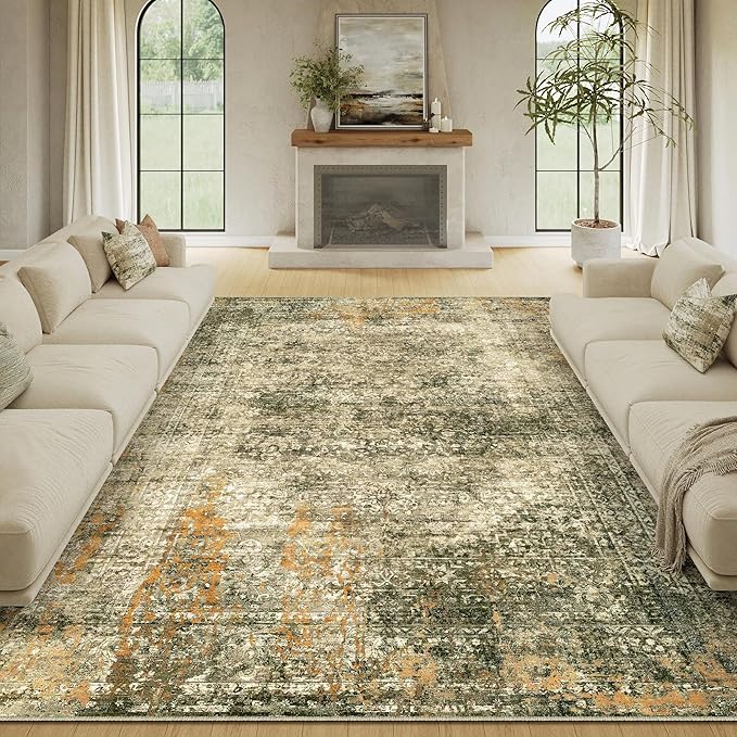 Area Rug 8x10 Brown Washable Non-Slip Lightweight Floral Vintage Distress Print - Image 8
