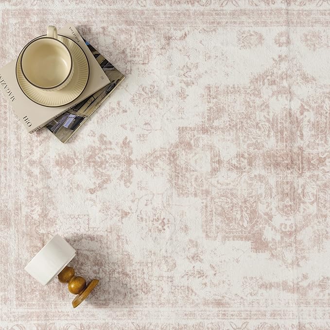 Area Rug 5x7 Washable Pink Rug Vintage Boho Medallion Large Distressed Retro - Image 6