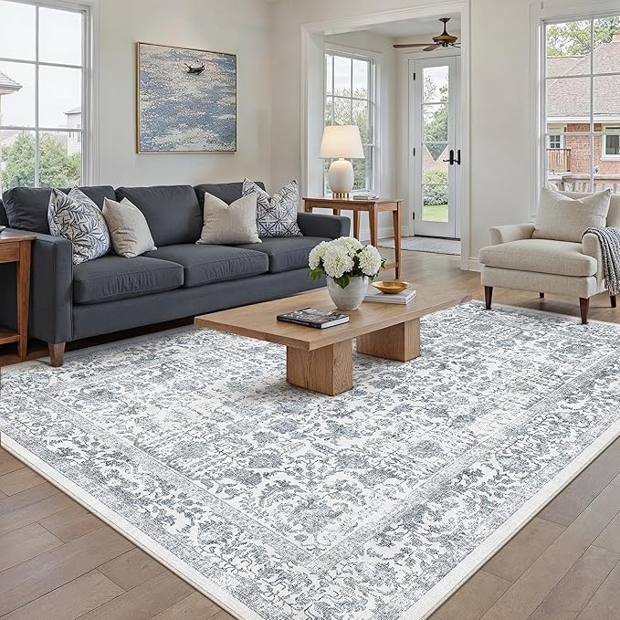 Navy Blue Area Rug 5x7 Machine Washable Vintage Living Room Distressed Non Slip by PureCozy