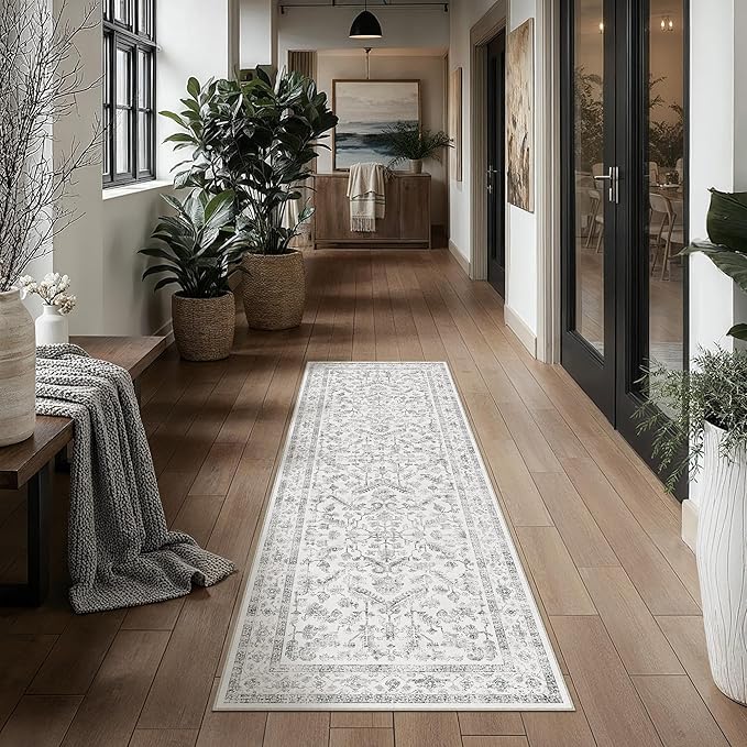 Grey 2x7 Runner Rug Vintage Area Carpet Hallway Indoor Kitchen Washable Neutral - Image 3