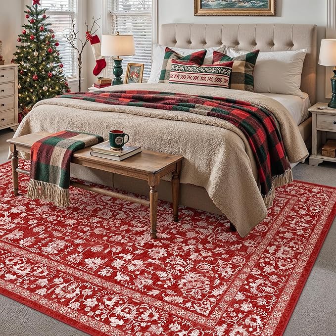 Christmas Area Rug 6x9 Red Washable Living Room Carpet Vintage Floral Holiday - Image 5
