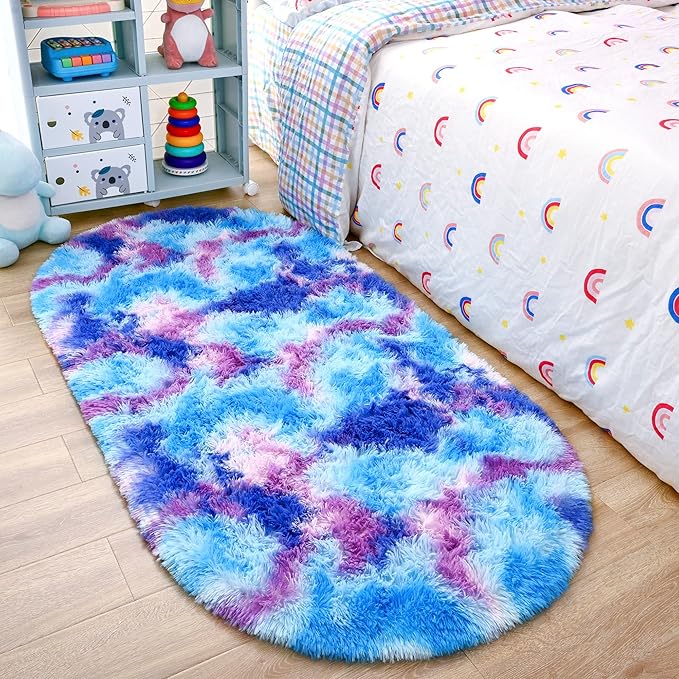Noahas Oval Fluffy Purple Rainbow Rug 2.6X5.3 Small Kids Rugs by ModernHomeDecor