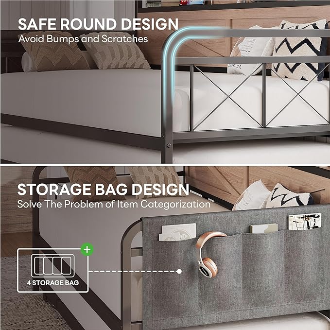 LIKIMIO Twin Daybed with Trundle Bed, Storage Headboard with Charging Station - Image 5