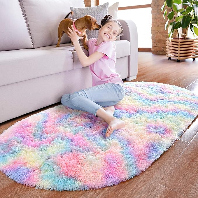 Noahas Oval Fluffy Rainbow Rug 2.6X5.3 Small Kids Rugs - Image 2