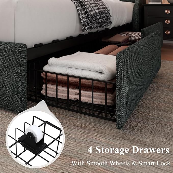 Feonase Queen Bed Frame with 4 Storage Drawers, Upholstered Storage Bed with - Image 4