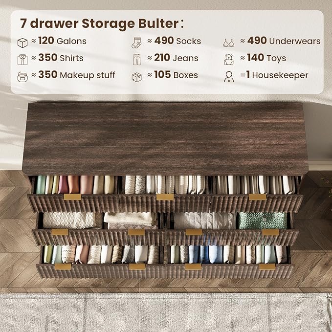 54'' Wide 7 Drawers Dresser for Bedroom, Modern Fluted Vertical Chest - Image 5
