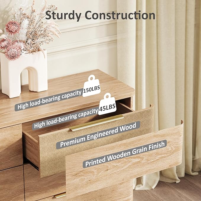 6 Drawer Dresser for Bedroom, Curved Profile Design, Wooden Oak Dresser Closet - Image 8