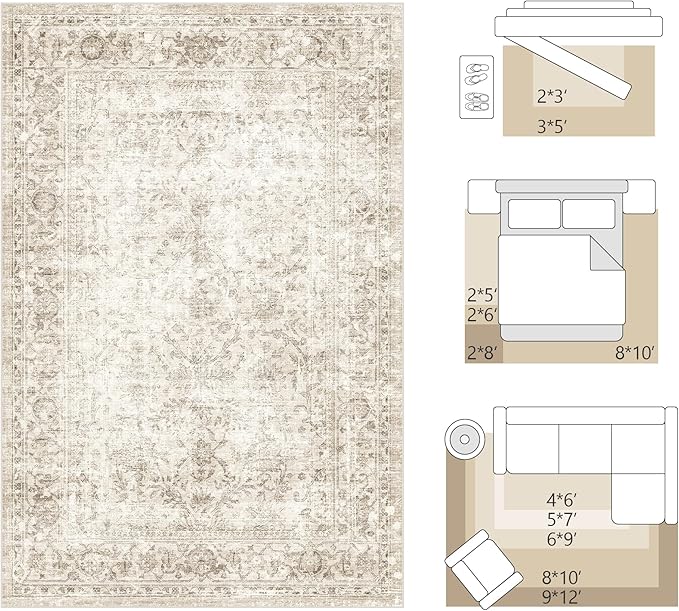 FMFUNCTEX 2x6 Hallway Runner Rug Beige Vintage Neutral Washable Non Slip Low - Image 9