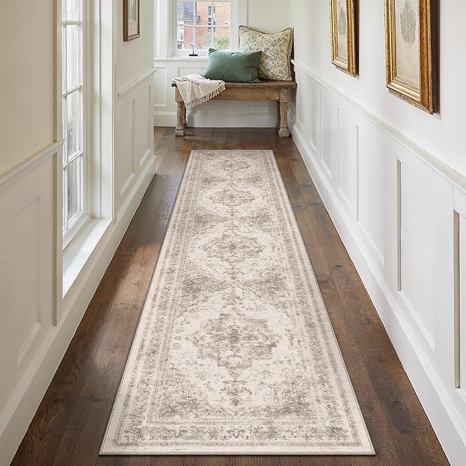 Runner Rug 3x12 Beige Hallway Washable Carpet Non Slip Vintage Medallion Carpet - Image 5