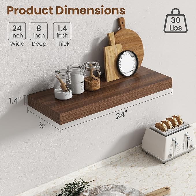 24 Inch Floating Shelves for Wall, 8 Inch Deep Floating Shelf for Storage & - Image 3