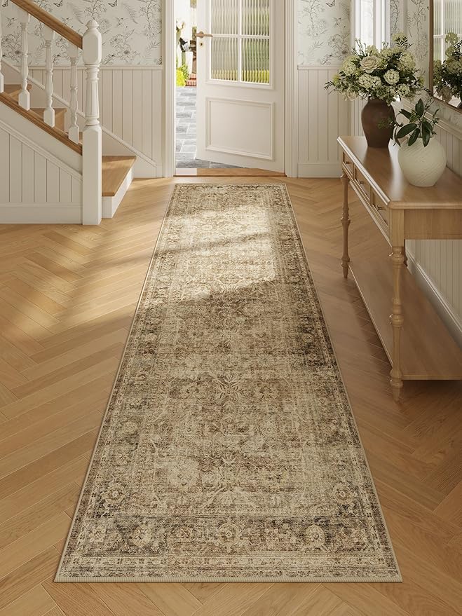 Fmfunctex 2x8 Runner Rug Brown Washable Vintage Neutral Distressed Non Slip Low by Fmfunctex