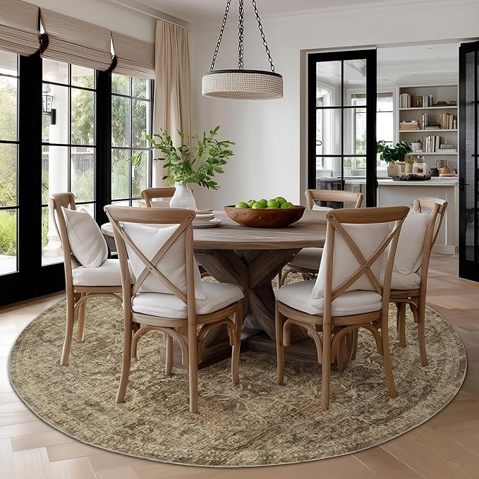 FMFUNCTEX 8ft Round Washable Area Rug Brown Vintage Neutral Distressed Large - Image 4