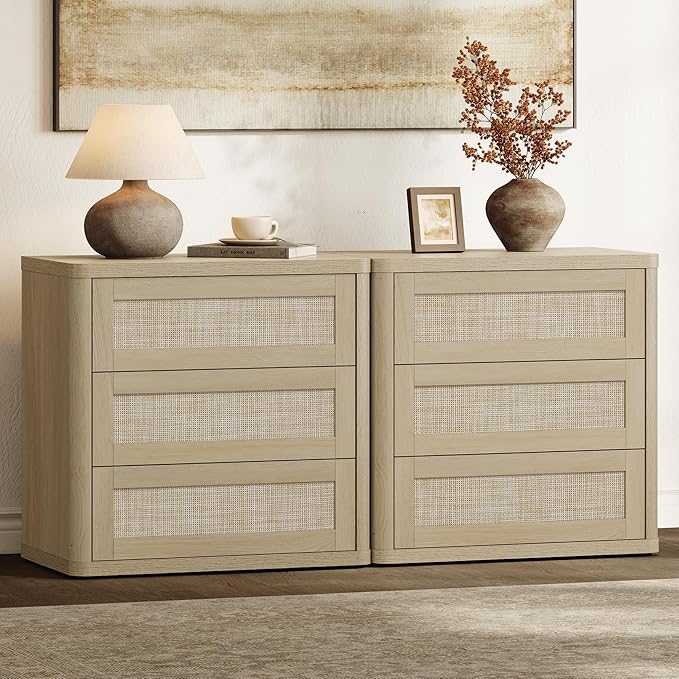 SICOTAS Rattan Night Stand Set of 2, Oversized 3-Drawer Nightstand, Large by SICOTAS