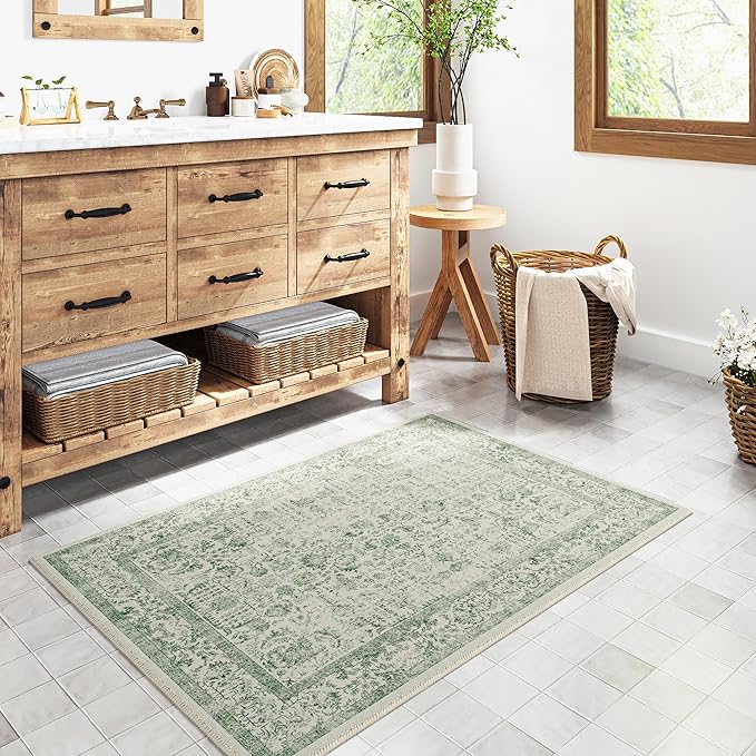Sage Green Area Rug 2x3 Washable Vintage Distressed Entryway Carpet Non Slip - Image 6