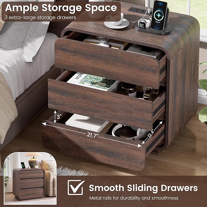 Walnut 3 Drawers Nightstand, Large Side Table Curved Profile, Handleless - Image 6