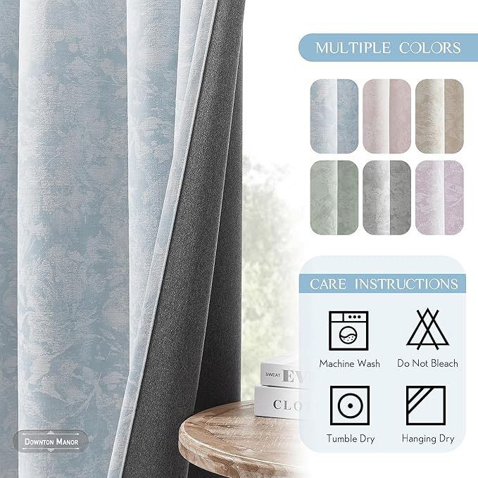 Beauoop Blue Floral Jacquard Blackout Curtains 72 Inches Long 2 Panels - Image 8