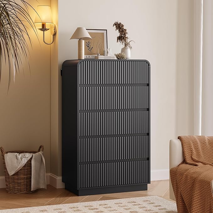 Tall Dresser for Bedroom with 5 Drawers, Fluted Chest of Drawers with Round by BORNOON