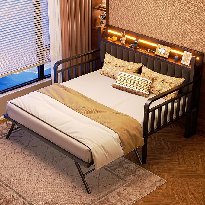 Daybed with Trundle and LED Light, Heavy Duty Metal Twin Bed Frame with - Image 3