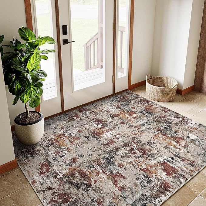 Modern Area Rug 3x5 Machine Washable Entryway Entrance Carpet Red Brown Multi - Image 4