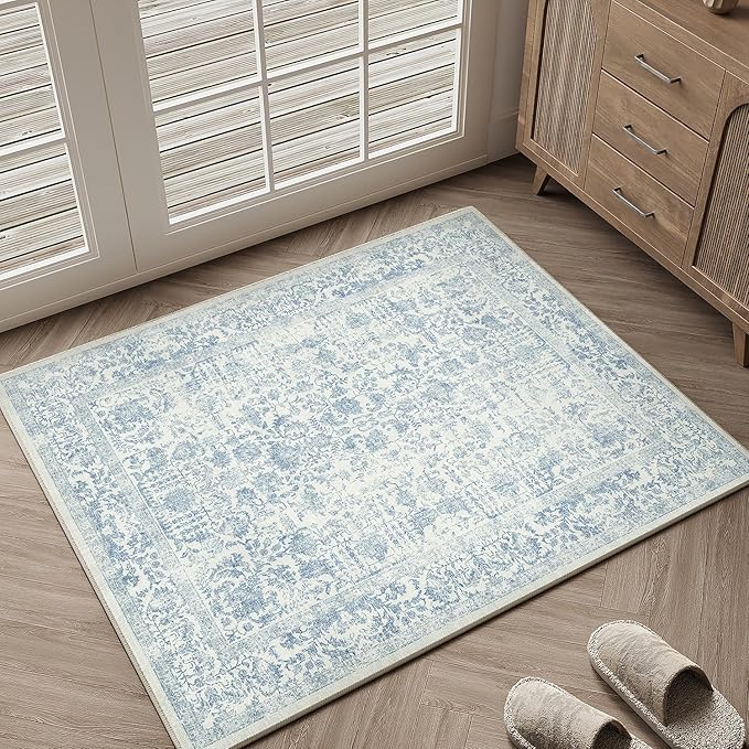 Blue Entryway Area Rug 2x3 Door Mat Machine Washable Kitchen Vintage Distressed by PureCozy