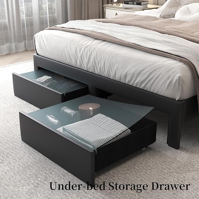 King LED Bed Frame with 2 Storage Drawers, PU Upholstered Platform Beds with - Image 8