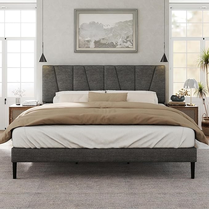 Full Size Bed Frame with Fabric Upholstered Headboard, Platform Bed with Wooden - Image 3