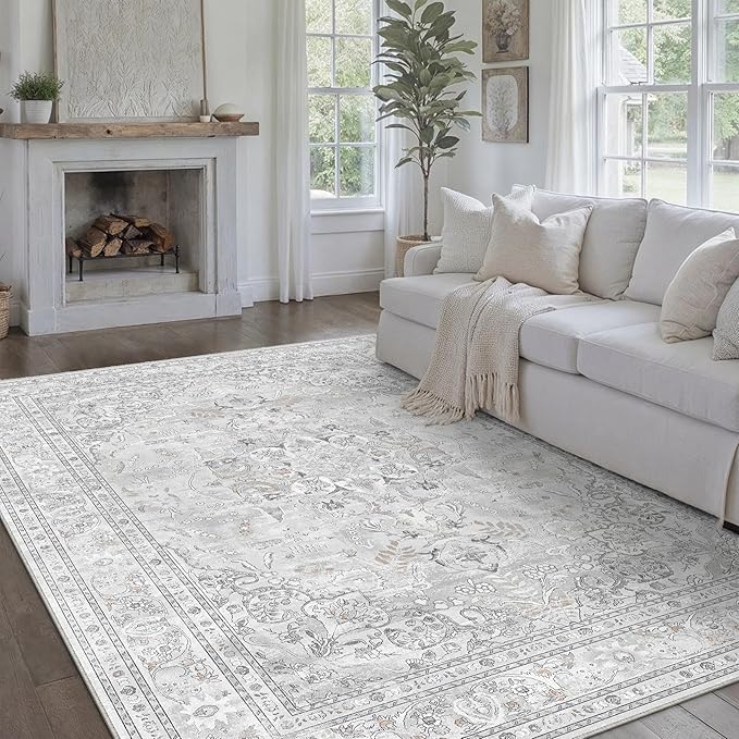 Grey 8x10 Area Rug Washable Vintage Carpet - Image 5