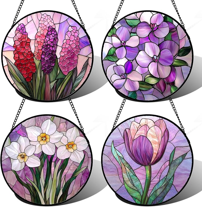 DASTOLL Stained Glass Window Hanging 4 Pcs Set Purple Flower Theme Large 15" by DASTOLL