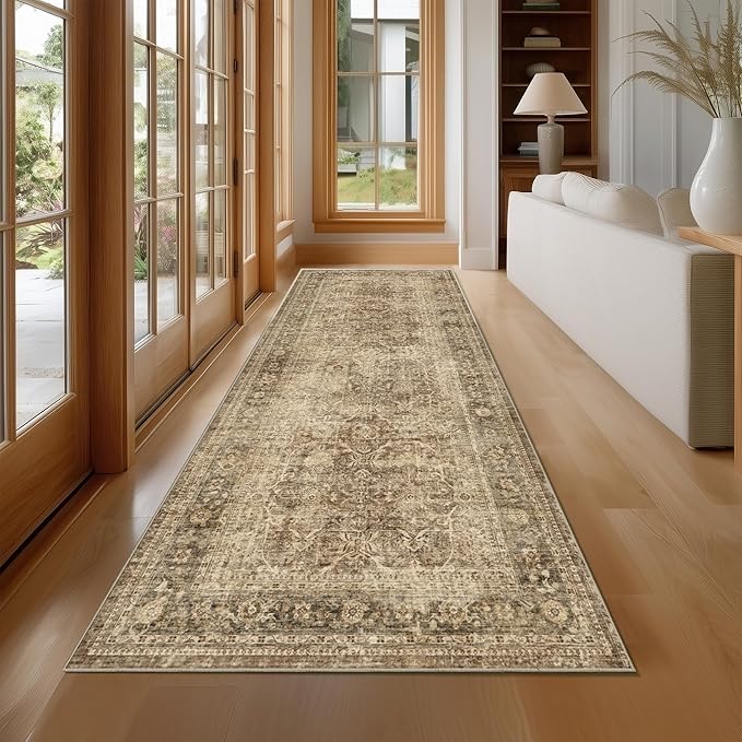 Fmfunctex 3x8 Runner Rug Brown Washable Vintage Neutral Distressed Non Slip Low by Fmfunctex