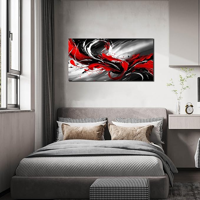 Black White and Red Abstract Print Picture Painting Large Canvas Wall Art - Image 6