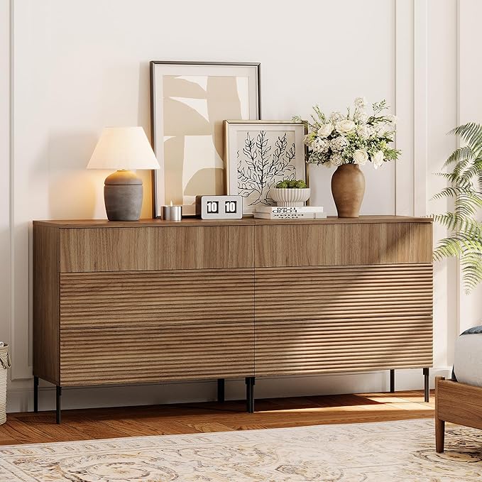 WAMPAT 63" W Fluted Dresser for Bedroom, 2 in 1 Modern 6 Drawer Dresser TV Stand by WAMPAT