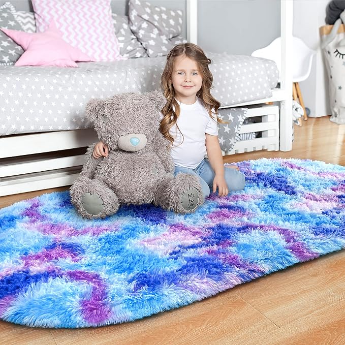 Noahas Oval Fluffy Purple Rainbow Rug 2.6X5.3 Small Kids Rugs - Image 2