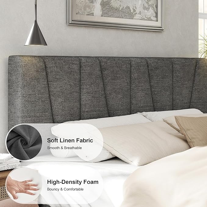 Full Size Bed Frame with Fabric Upholstered Headboard, Platform Bed with Wooden - Image 5