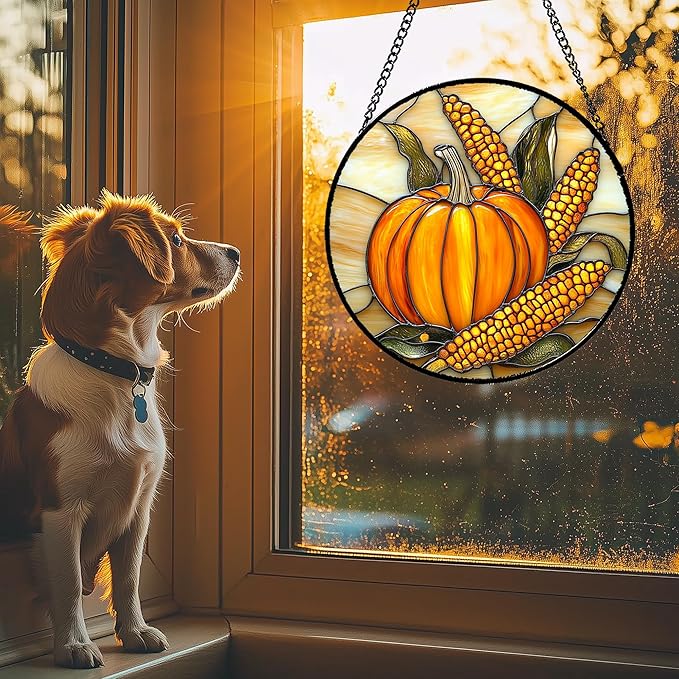 DASTOLL Stained Glass Window Hanging Autumn Harvest Pumpkin Corn 7.8" - Image 3