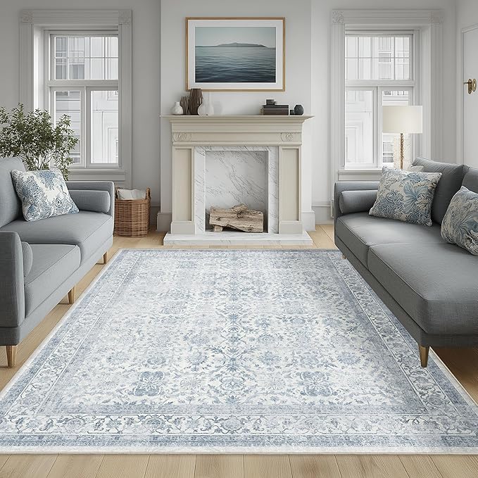 FMFUNCTEX 6x9 Washable Area Rug Blue Vintage Neutral Distressed Large Non Slip by Fmfunctex