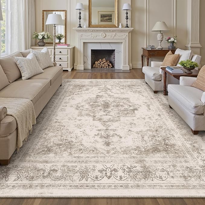 Area Rug 8x10 Beige Washable Living Room Carpet Non Slip Vintage Medallion by PureCozy
