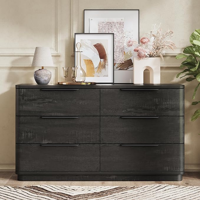 6 Drawer Dresser for Bedroom, Curved Profile Design, Wooden Black Dresser - Image 6