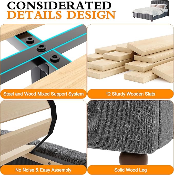Full Size Boucle Bed Frame Upholstered Bed Frame Full - Image 5