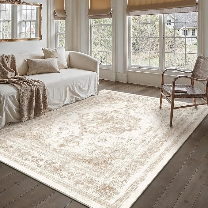 Area Rug 6x9 Cream Washable Living Room Beige Carpet Non Slip Vintage Medallion by PureCozy
